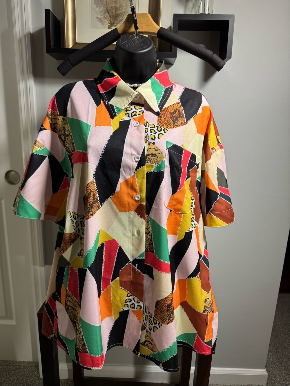 SHEIN Curve Multicolor Patchwork Blouse - Yellow, Pink, Green, Orange, Brown